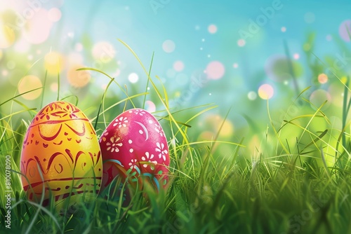 Festive Easter background with painted eggs and green grass