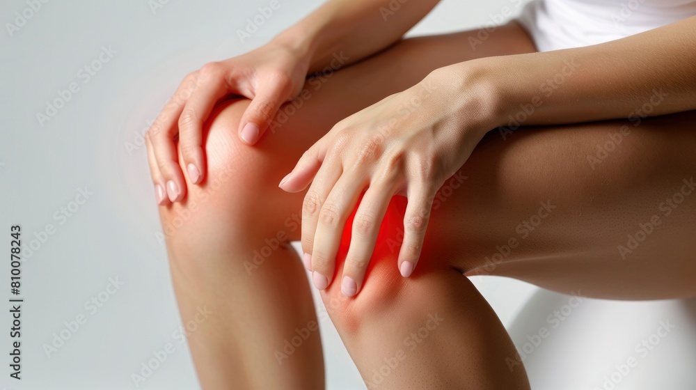 A woman with knee pain, red painful area on the knees.