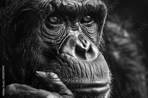 closeup black and white portrait of chimpanzee   photo