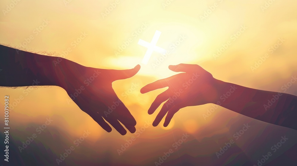 Hand reaching out to another hand with cross silhouette on sunny colourful sky background Hand reaching out to another hand with cross silhouette on sunny colourful sky background