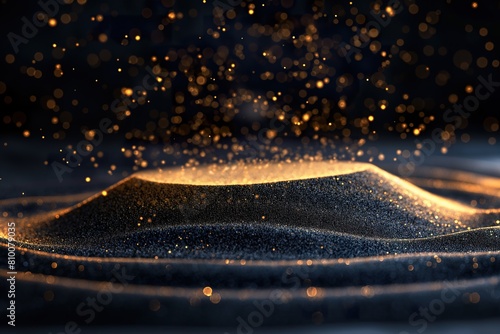 A close-up view of a black surface coated with shimmering gold dust particles.