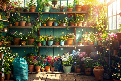 A gardener's paradise, with shelves of colorful pots, bags of soil, and an array of plants bathed in sunlight Background a garden shed or greenhouse, with light streaming in Colors bright photo