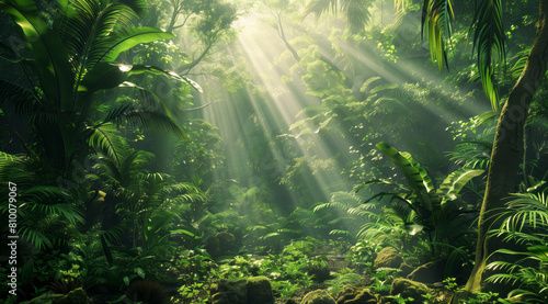 A dense  lush rainforest with sunlight filtering through the canopy. The forest is filled with exotic plants and trees