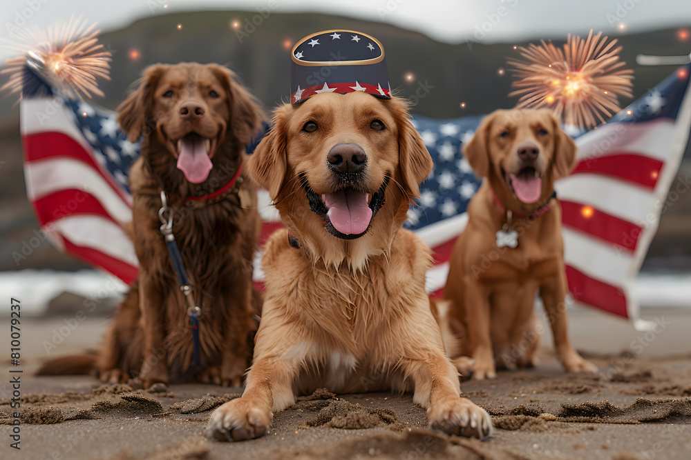 Funny patriotic dog in hat with American flag and fireworks on background, 4 July Independence Day celebration. Funny patriotic dog in hat with American flag and fireworks on background, 4 July Independence Day celebration.