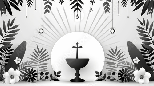 Minimalist black and white vector illustration depicting bread and wine alongside wheat, symbolizing the Body and Blood of Christ in Christian Eucharist.