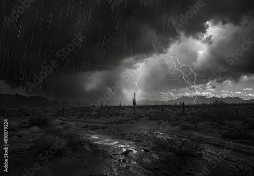 Thunderstorm over the desert, dark sky with lightning and rain.