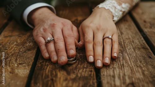 A couple is holding hands and wearing wedding rings. The man's ring is on the left hand and the woman's ring is on the right hand photo