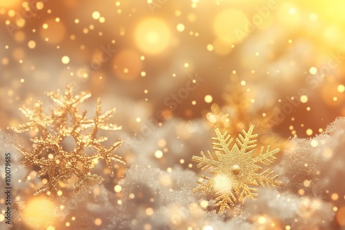 Two distinct snowflakes settling on the snowy ground  surrounded by golden blurry lights.