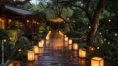 A walkway lit with candles and lanterns leading to a house photo