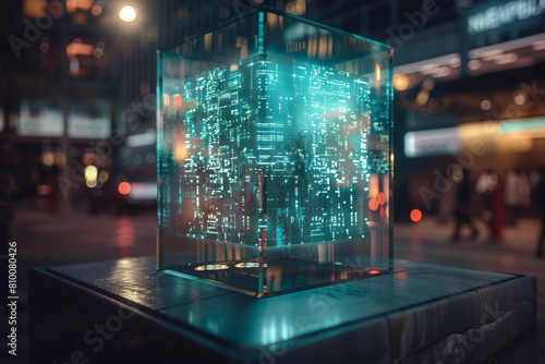 A glass cube with illuminated digital schemes is a window into the future, a reminder that anything is possible photo