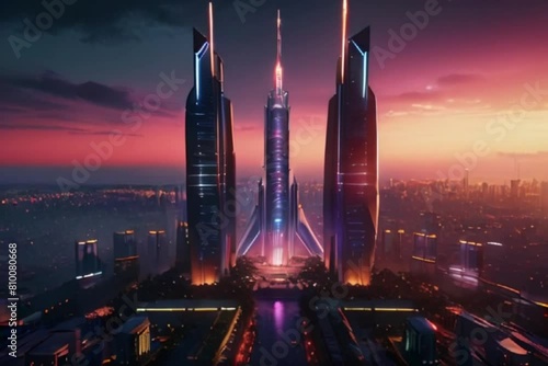 Futuristic city with majestic skyscrapers at night, cyberpunk city view at night, colorful light buildings in a megacity Generative AI photo