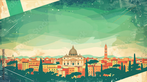 flat illustration  postcard  Republic Day in Italy  panorama of the Italian city  historical tower  copy space  free space for text