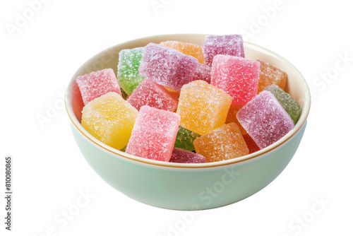 sugar coated gelatin gummy sweets in bowl, transparent background