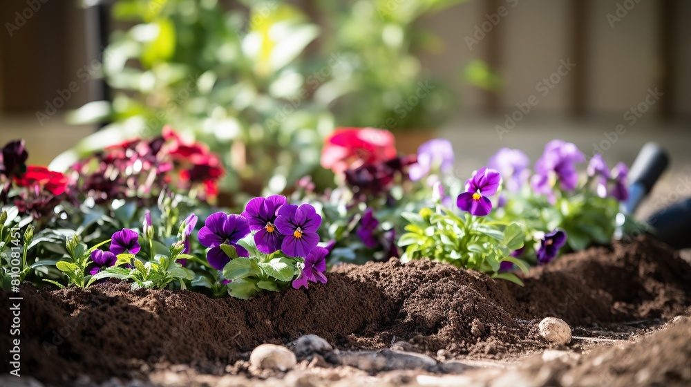 Woman putting beautiful flowers into the ground in the garden, arranging the garden, planting flowers in the garden, Woman putting beautiful flowers into the ground in the garden, arranging the garden, planting flowers in the garden,