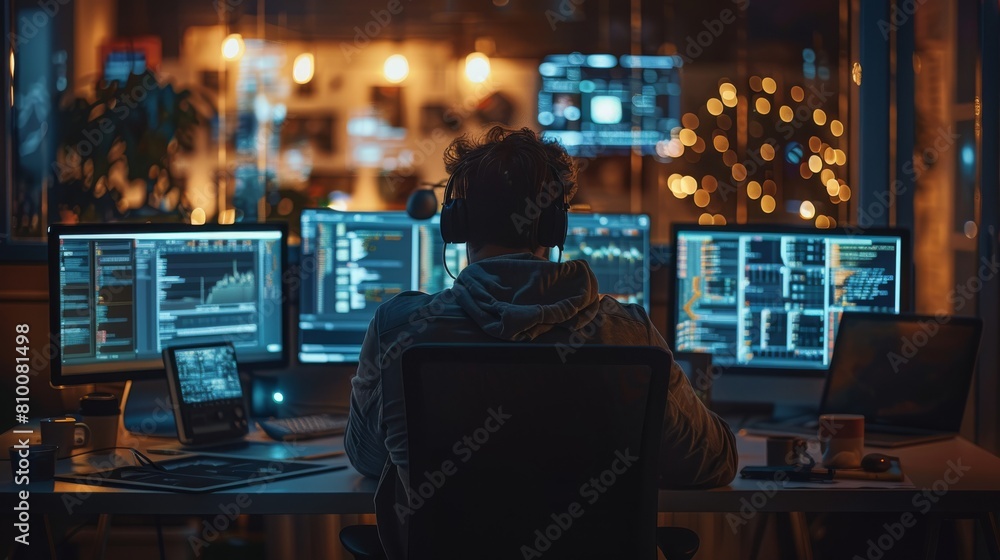 A collaborative team working late at night on AI development, with multiple screens displaying code and AI models. The team is engaged in a brainstorming session. Generative AI. A collaborative team working late at night on AI development, with multiple screens displaying code and AI models. The team is engaged in a brainstorming session. Generative AI.