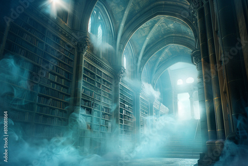 A grand, magical library acting as a portal to mystical worlds, with shelves of glowing books and a misty ambiance Perfect for an educational app promotion, symbolizing the adventure and wonder © juwairiya_nameera