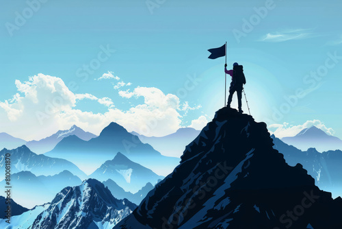 Man stands on summit of mountain and holding flag. Traveler in nature landscape. Concept of achievement and success