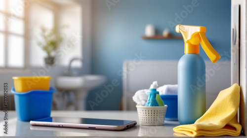 Cell phone with cleaning product in the apartment, modern domestic lifestyle, spring cleaning concept. Home cleaning service mobile app. Online shopping list through mobile app marketplace. 