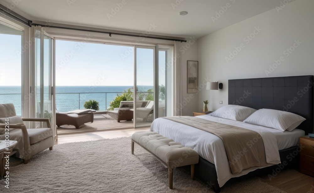 Fototapeta premium Relaxing Seaside Bedroom with Ocean View