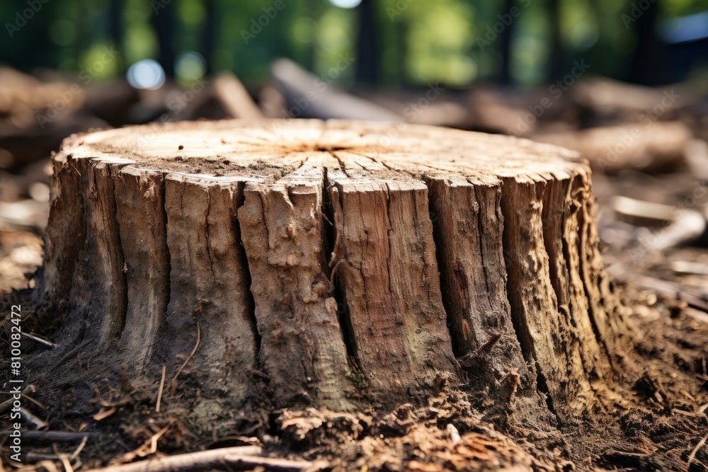 Fototapeta premium Detailed view of a tree stump with visible rings and rough bark, surrounded by natural forest ground