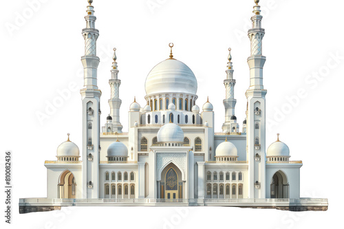 White mosque model with minarets and domes. Digital 3D rendering. Religious architecture and Islamic culture, isolated on a transparent background. PNG, cutout, or clipping path.