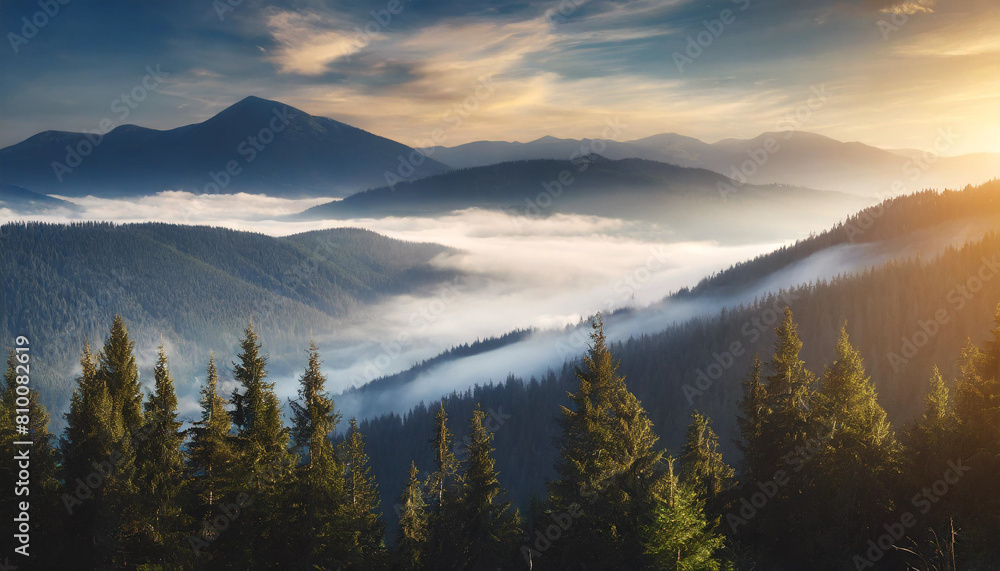 Majestic aerial view of misty fir forest nestled amidst fog-covered mountains, evoking serenity and natural beauty Majestic aerial view of misty fir forest nestled amidst fog-covered mountains, evoking serenity and natural beauty