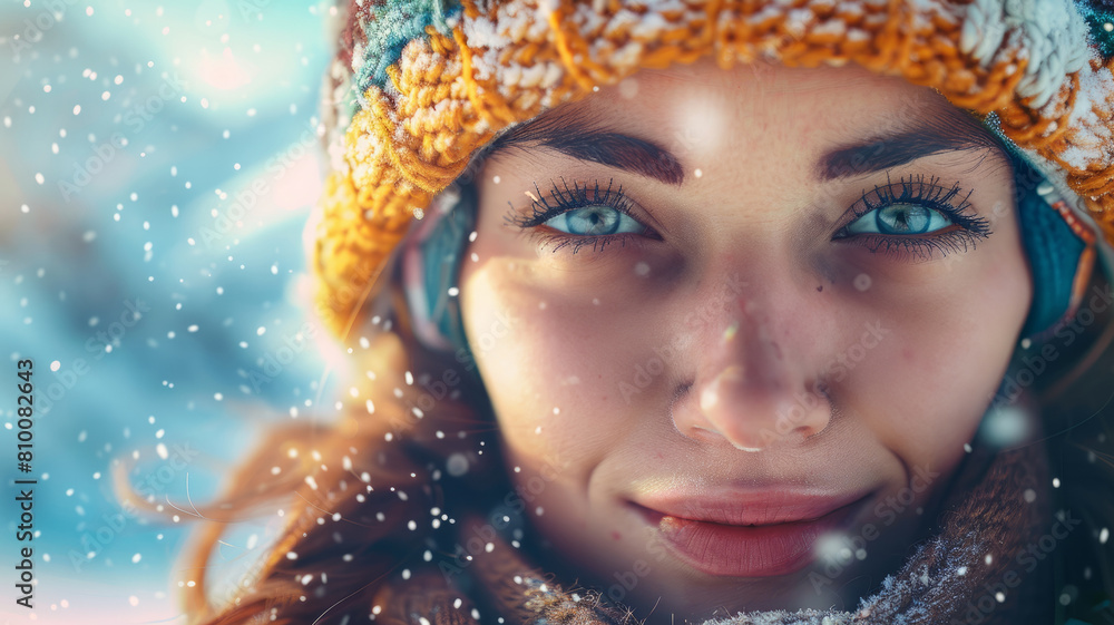 Woman with blue eyes in winter clothing smiling. Woman with blue eyes in winter clothing smiling.