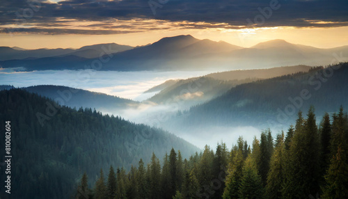 Majestic aerial view of misty fir forest nestled amidst fog-covered mountains, evoking serenity and natural beauty