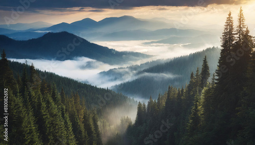 Majestic aerial view of misty fir forest nestled amidst fog-covered mountains, evoking serenity and natural beauty