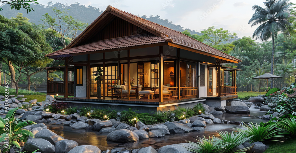 Obraz premium The charming 1-store house, simply designed with an uncovered balcony overlooking a peaceful stream. Generative AI.