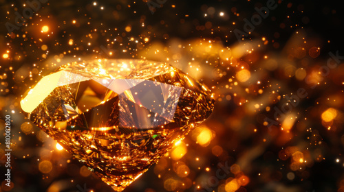 Golden cut diamond on a dark background. The golden diamond disappears into particles. Translucent fluorescent light. Jewelry concept.