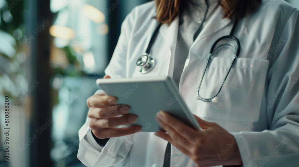 A medical worker holds a digital tablet while standing in a hospital corridor. Close-up of the hands of a young female doctor in a coat with a modern tablet. A medical worker holds a digital tablet while standing in a hospital corridor. Close-up of the hands of a young female doctor in a coat with a modern tablet.