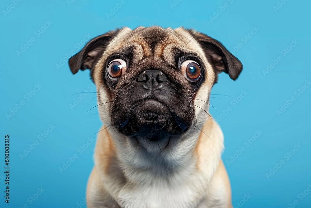 pug dog portrait, pug with a surprised expression, blue background