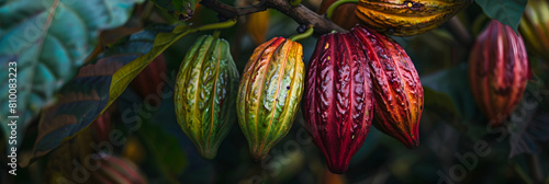 Close-up of ripening cocoa pods on the tree  with rich colors highlighting the texture of the pods against the dark foliage