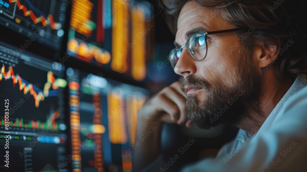 A man working at the stock market and looking at the share prices on a monitor and chasing money. Generative AI. A man working at the stock market and looking at the share prices on a monitor and chasing money. Generative AI.