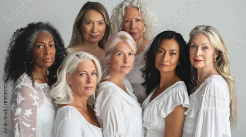 A group of beautiful middle-aged women exudes confidence as they pose in pristine white attire for the camera