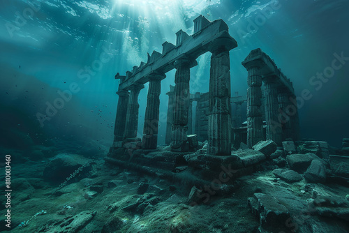 A haunting underwater view of an ancient Greek temple, its ruins lying in the depths of the Atlantic Ocean The temple, with its iconic columns and intricate carvings, is a testament to a bygone photo
