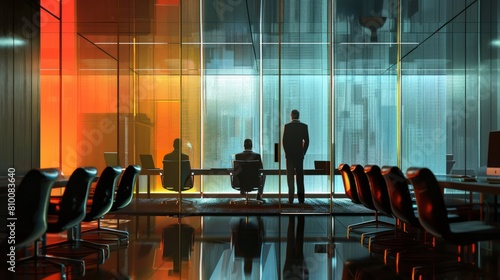 Business people negotiating at boardroom behind closed doors hyper realistic 