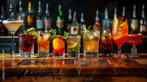 A row of glasses with various drinks on a wooden bar counter