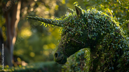 Close-up on a hedge sculpted into a mythical unicorn  emphasizing the spiral horn and flowing mane  captured in the clear light of the afternoon