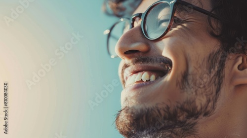confident Laughing expression natural face smile side away looking background isolated glasses wearing man hispanic Adult young boy indian male portrait excited yes success happy joy fashion cool photo
