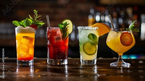 A wooden bar counter with different colored drinks in glasses