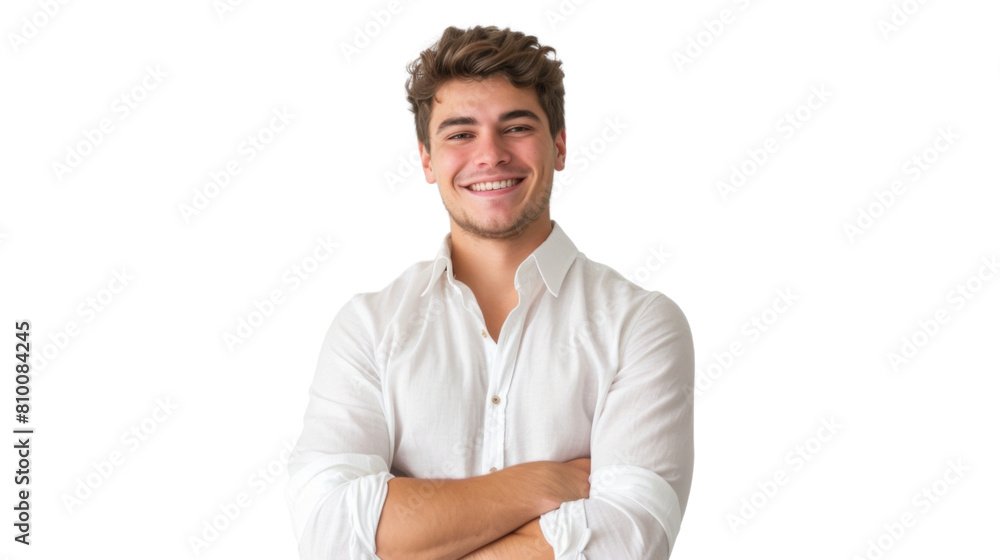 Young handsome caucasian man with crossed arms looking at the camera. Positive Successful businessman, isolated on white transparent background Young handsome caucasian man with crossed arms looking at the camera. Positive Successful businessman, isolated on white transparent background