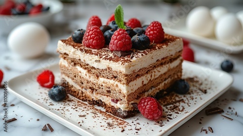   A slice of cake perched atop a white platter  adorned with berries and chocolate curls