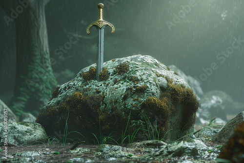 A legendary sword stuck in stone awaiting its rightful ruler photo