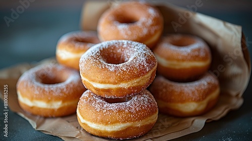  A stack of doughnuts on wax paper atop a wooden table