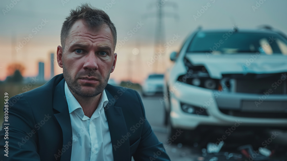 desolate businessman, looking at the camera, he is in front of his car, which suffered a traffic accident desolate businessman, looking at the camera, he is in front of his car, which suffered a traffic accident