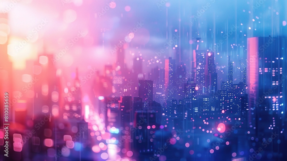 city living with a blurred blue and pink urban building background scene