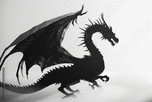 A black dragon with a white background. The dragon is the main focus of the image. The dragon s wings are spread wide