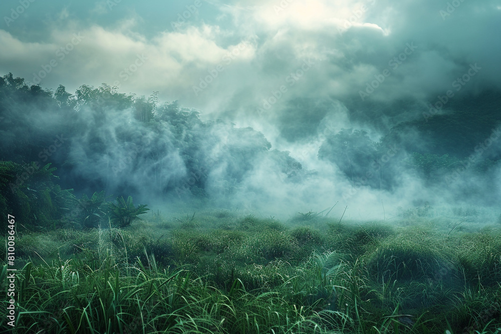 A magical and surreal depiction of a misty morning, where smoke and fog intermingle with the lush, green grass The dreamy and otherworldly landscape invites the viewer into a world of fantasy
